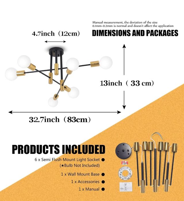 Candeeiro preto mate e dourado (para 6 lâmpadas)