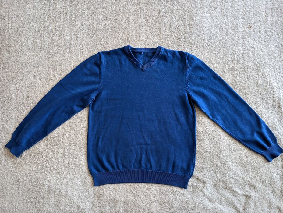 Niebieski chabrowy bawełniany elegancki sweter w serek George 152 - 158