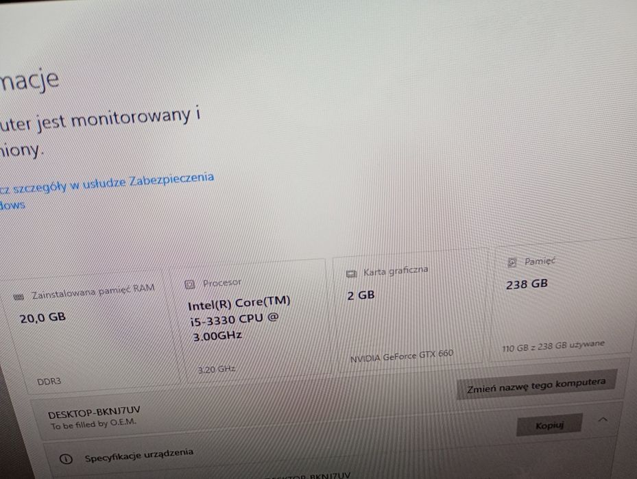 Zestaw komputerowy Intel i5 20Gb ram SSD 256gb grafika gtx660