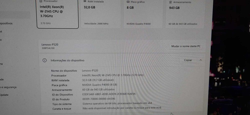 Lenovo Gaming P520 | Xeon W-2145 | 32GB ECC | NVMe 512GB + 500GB | Nvidia P4000 8GB | WiFi | W11