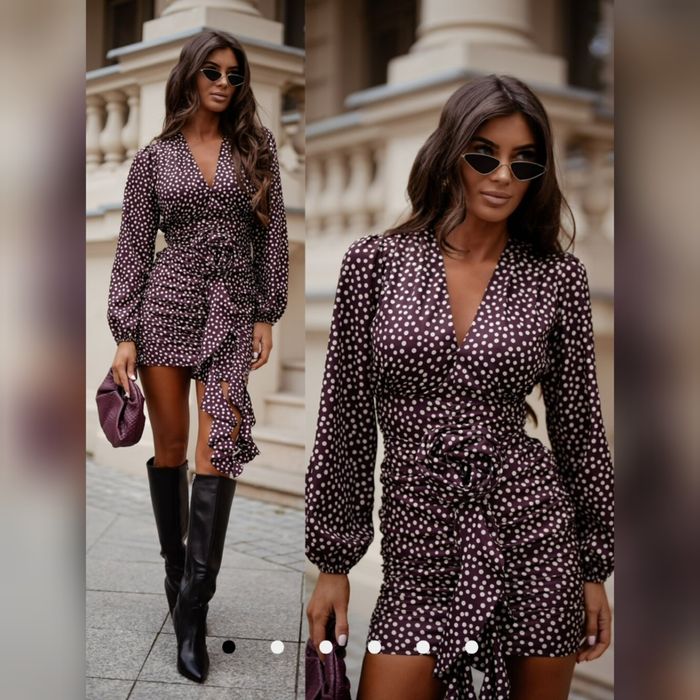 Nowa sukienka Miluna 36/S z różą czekoladowa z ecru groszkami.