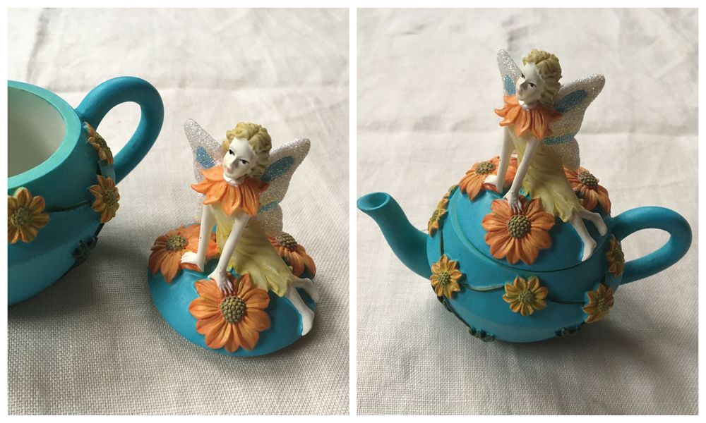 Conjunto de seis bules miniatura com motivo de fadas em porcelana