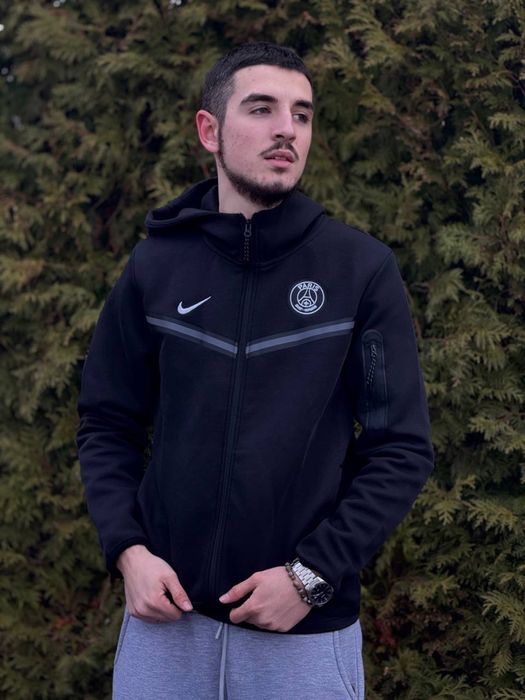 Зіп-худі Nike Tech Fleece PSG чорна чоловіча зіпка Найк Теч Флис | Кофта Найк Теч флис черная мужская спортивная зипка Nike Tech Fleece X PSG серая