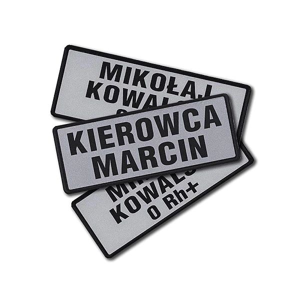 Imiennik tło odblaskowe 1-3 linijki tekstu na rzepie 13 x 5 cm