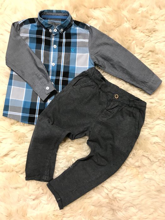 Koszula kratka podpinany kołnierzyk bawelniane spodnie Newbie 98/104