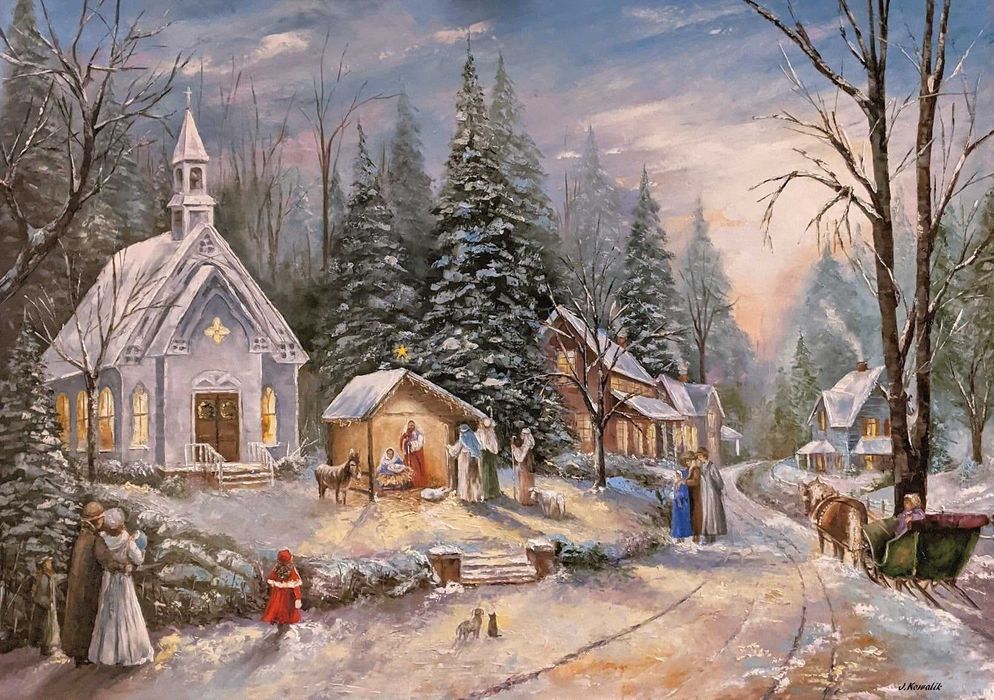 Kowalik - " Boże Narodzenie " - 100x70cm Pejzaż Obraz Olejny Zima