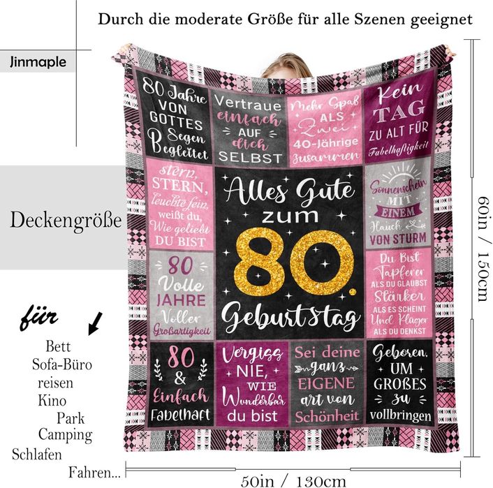 80th Birthday Blanket - Soft Flannel Throw - 130x150cm Pink