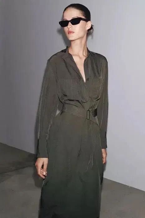 Сукня сорочка міді ZARA хакі під пояс довгий рукав платье хаки базовое