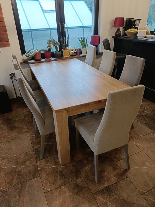 Stół dębowy rozkładany 200–370 cm + 9 krzeseł