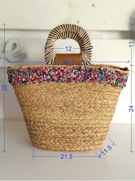 Mala Ceira em Palha Natural e aplique de Pedrinhas Coloridas