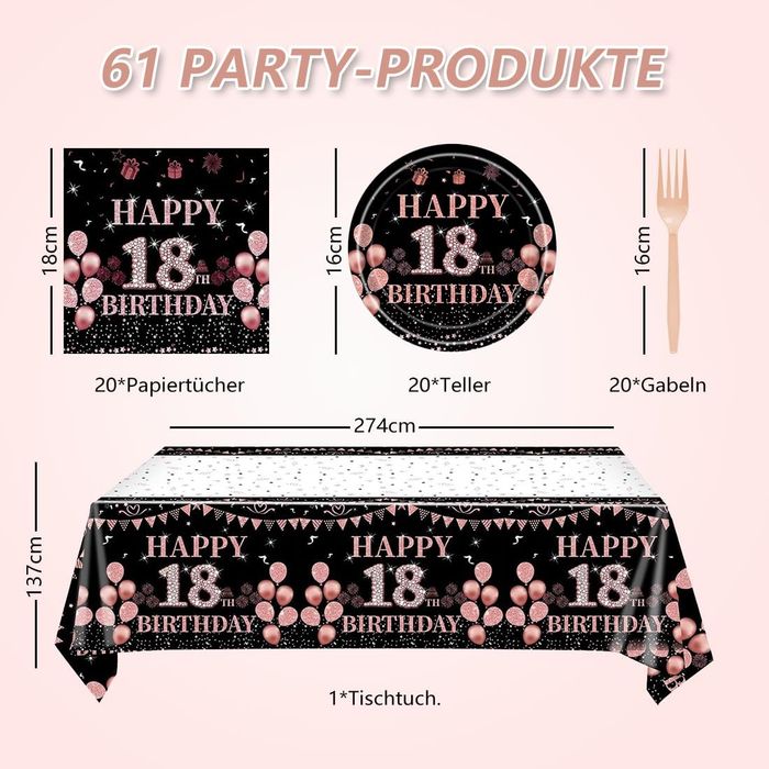 Zestaw dekoracji na 18 urodziny - 61 el. - Rose Gold/Czarny