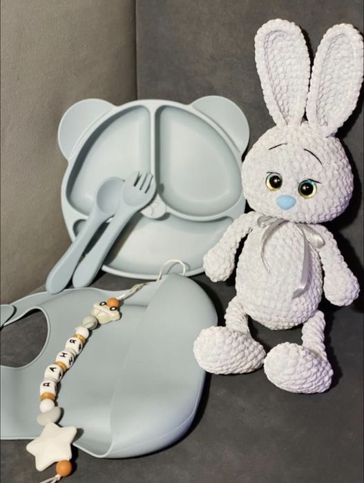 Силіконовий посуд для першого прикорму, секційна тарілка, нагрудник