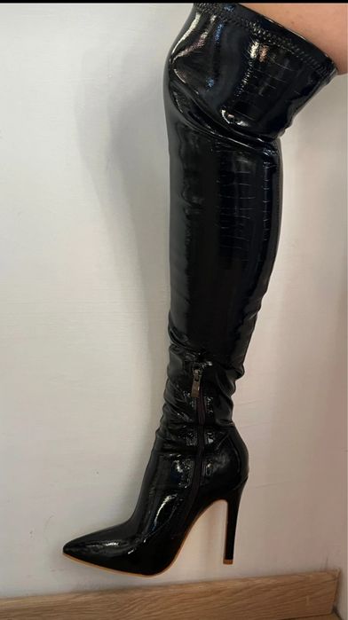 Fantasias sexuais-Botas couro preto envernizado acima do joelho