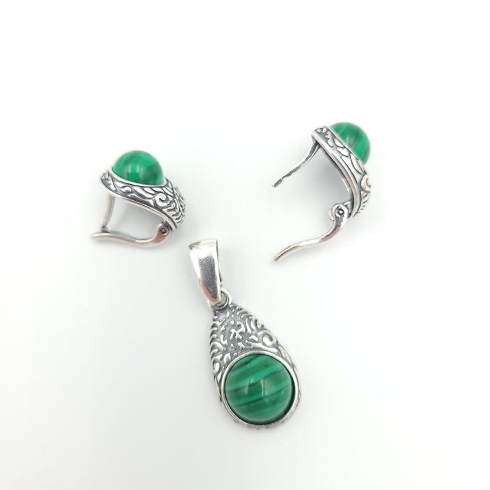 Srebrny komplet pr 925 malachitem nowe