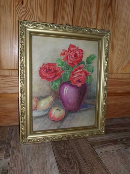 Stara, ręcznie malowana akwarela w złotej ramie za szkłem