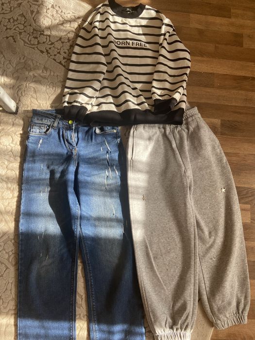 Реглан кофточка в полоску і джинси для дівчинки розмір 140