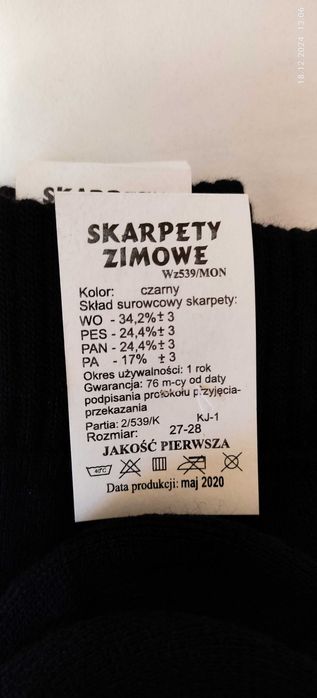Skarpety zimowe Wojskowe NOWE wz. 539/MON roz. 27-28