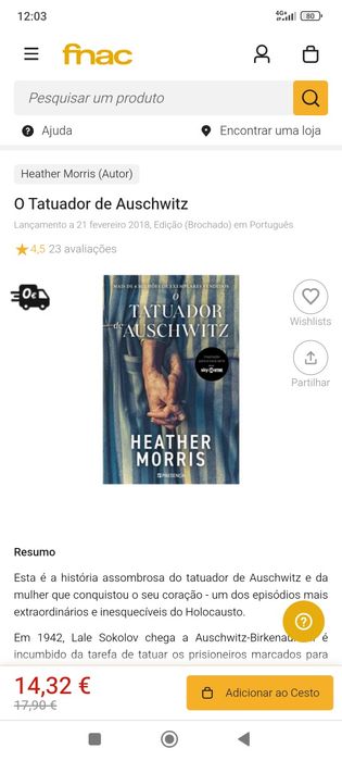 Vendo livro tatuador de auschwitz