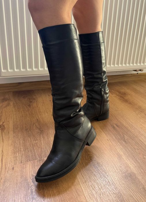 Wysokie skórzane buty botki zima, jesień, sezon przejściowy