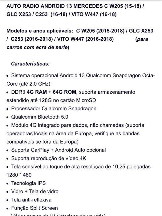 Auto radio android 13 para mercedes c w205 Glc x253 vito w447