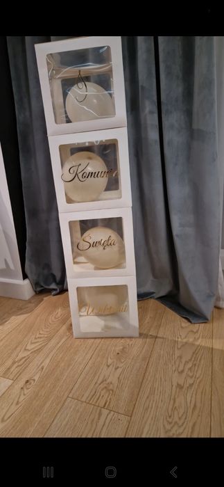 Pudełka na balony dekoracja I Komunia Święta Wiktorii