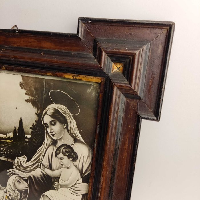 Stary oleodruk Madonna z dzieciątkiem i aniołami - lata 40/50