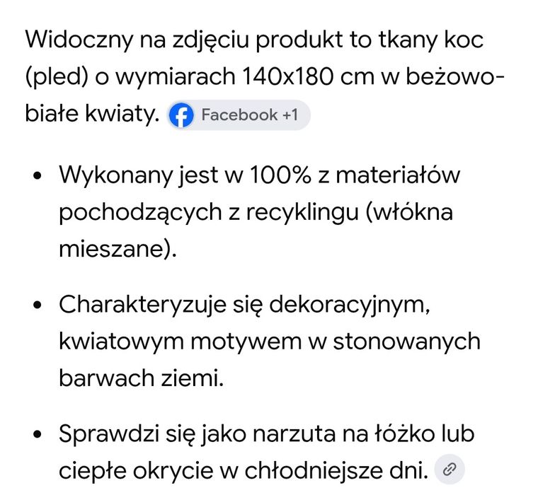 Tkany koc pled 140x180cm beżowy -białe kwiaty