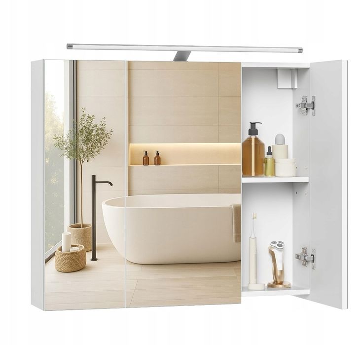 VASAGLE Szafka łazienkowa 3-drzwiowa z lustrem i światłem 70 x 15 x 60 cm