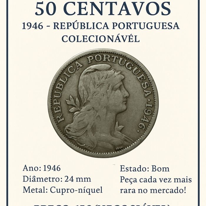 Moeda antiga Rara - 50 Centavos - Republica Portuguesa 1946