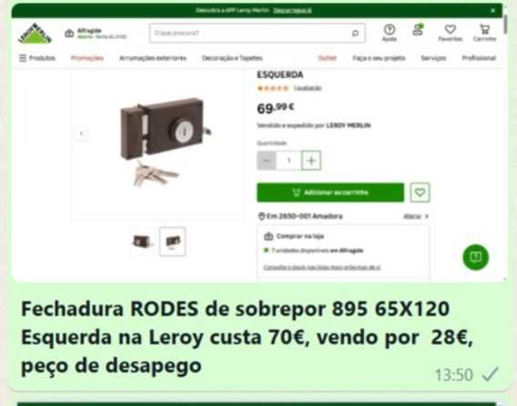 Fechadura RODES de sobrepor 895 65X120 Esquerda 25€ na Leroy custa 70€