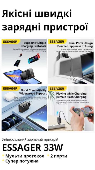 Якісна Швидка зарядка для телефону, Essager 33W, Самсунг Айфон Ксяомі