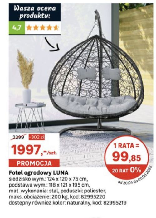 Fotel wiszący luna dwuosobowy