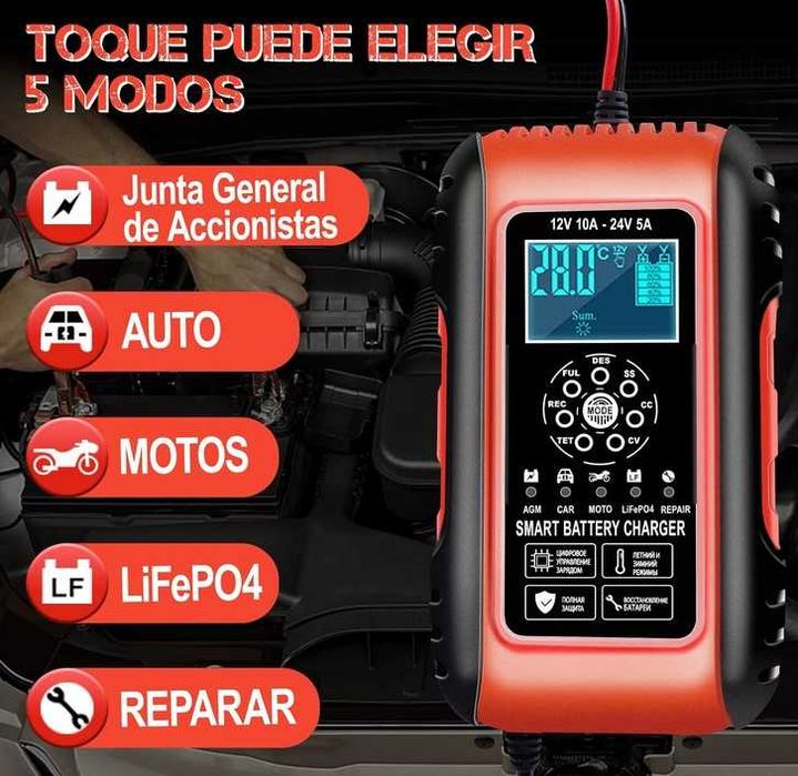 Carregador inteligente bateria 12V 10A/ 24V 5A LifePO4 AGM GEL Chumbo