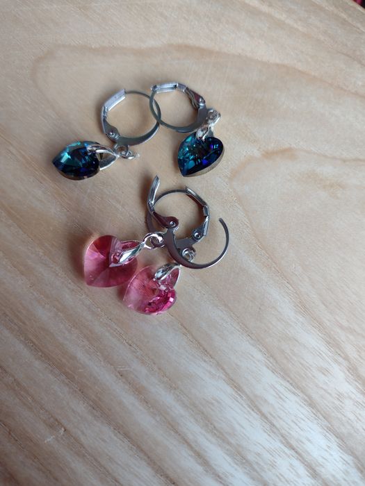 kolczyki dziewczęce serduszka Swarovski różowe szafirowe stal szlachet