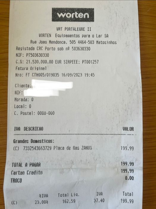 Vendo Placa a gás Zanussi c/ garantia