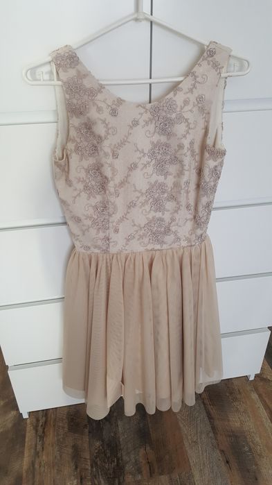 Sukienka jasna wesele bal beżowa tiul koronka S