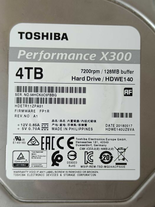 Хард диск HDD TOSHIBA X300 4TB 7200RPM 128MB Cash HDWE140 2018 РОКУ!
