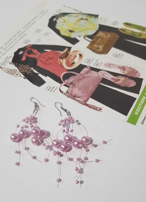 Серьги розовые бусины-ниточки