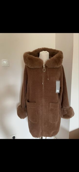 Płaszcz alpaka brązowy futerko