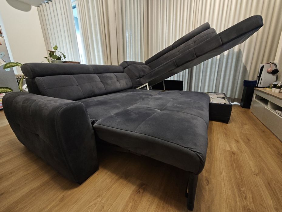 Sofá com chaise long, cama e arrumação – Cinzento Escuro