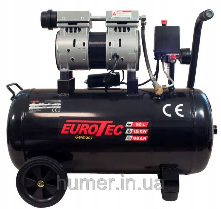 Компресор 2-х циліндровий безмасляний Eurotec 50л 1500Вт 200 л/хв 8бар