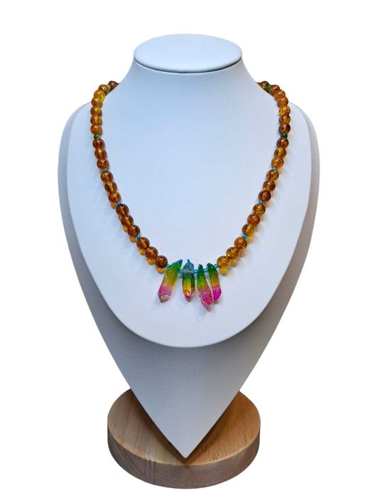 Korale z bursztynu, bursztyn bałtycki, kwarc, agat, kulka koniak #393