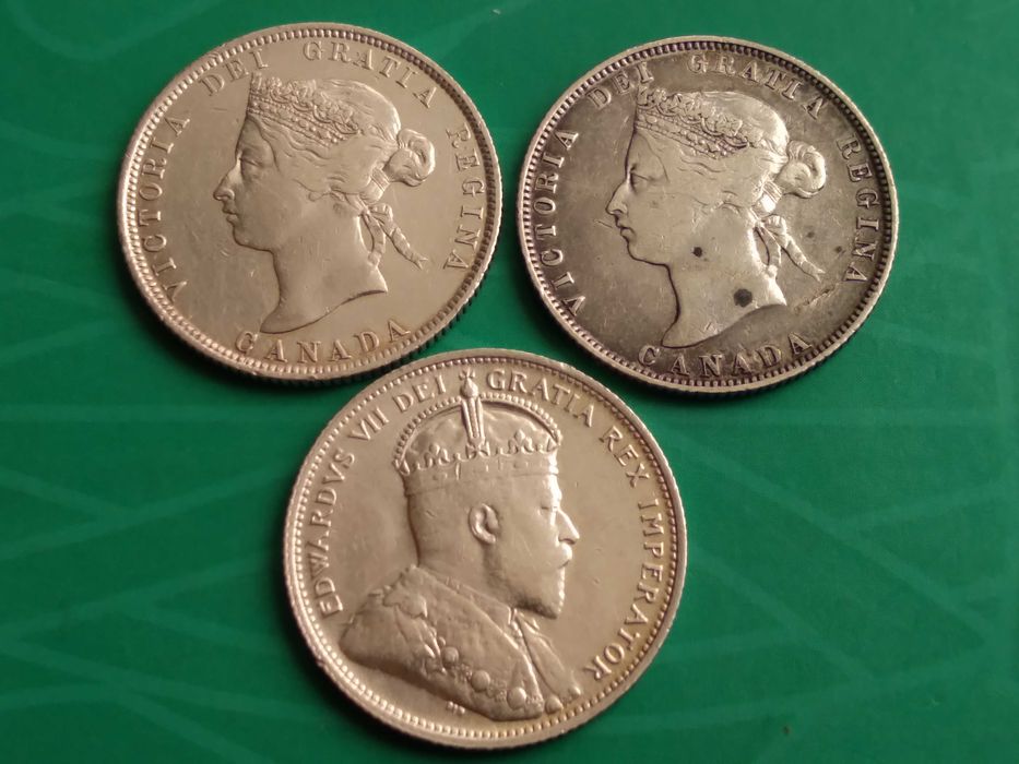 Zestaw 3 oryginalnych monet srebrnych Kanada 25 centów