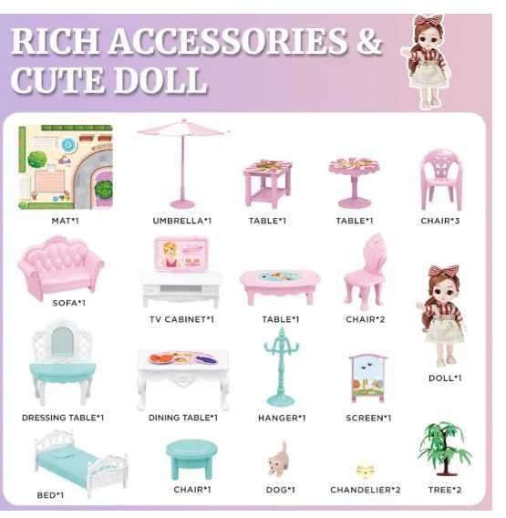 Будиночок для ляльок на 2 поверхи/3 кімнати. з меблями та терасою