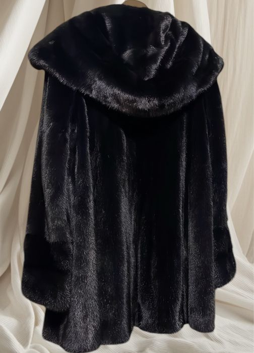 Шуба норкова black glama з капюшоном манто оверсайз 48-54