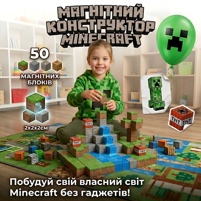 Магнітний конструктор Minecraft 50 блоків, 2 фігурки. Подарунковий набір