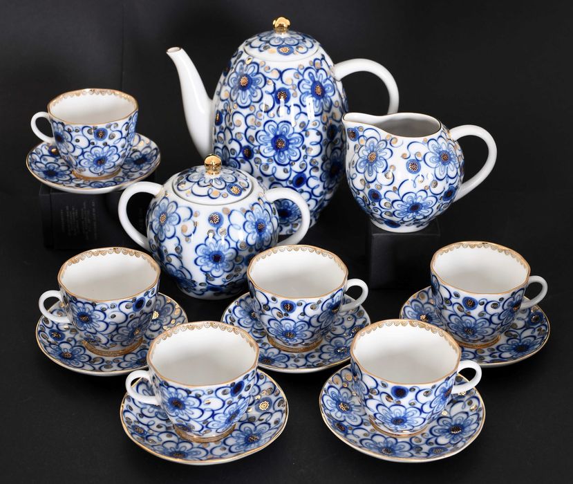 Łomonosow piękny serwis kawowy – ręcznie malowany złocony powój