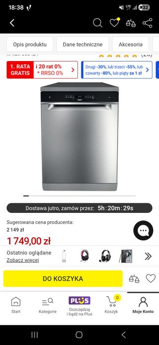 Sprawna zmywarka  WHIRLPOOL WFO 3C33 6.5 X Technologia 6, 60cm