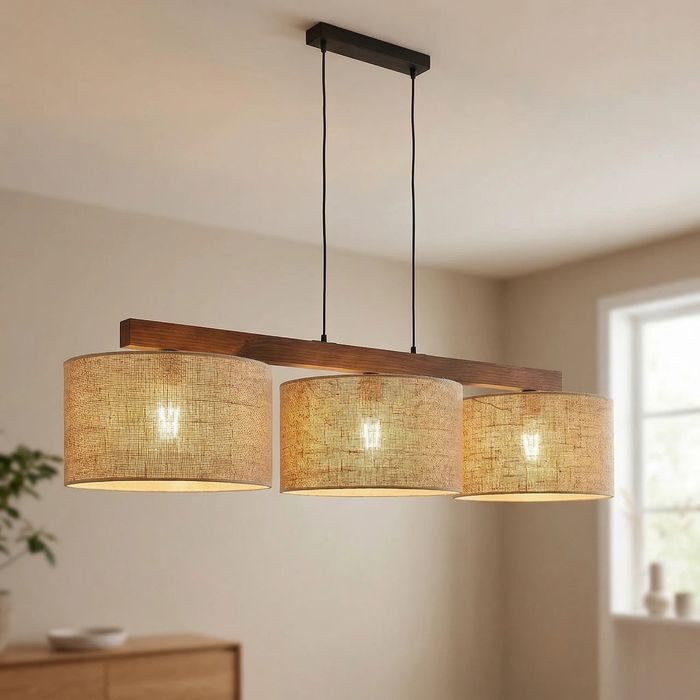 Candeeiro Pendente 3 Luzes – Madeira e Linho – Moderno com 3 meses de uso