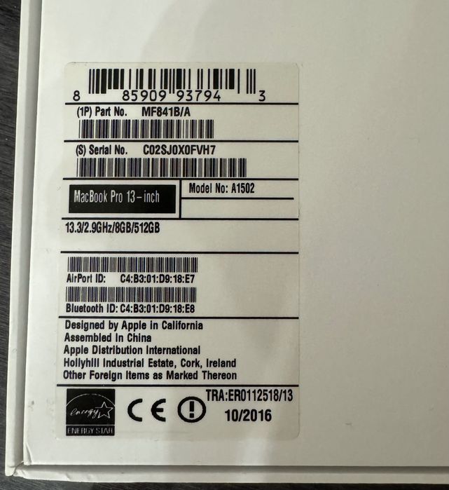 MacBook 13.3/2.9GHz/8GB/512GB